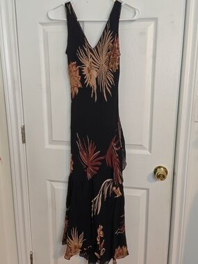 Vintage Y2K Eva Blue Black Warm Earth Tone Floral Beaded Midi Dress Size 6P XS/S